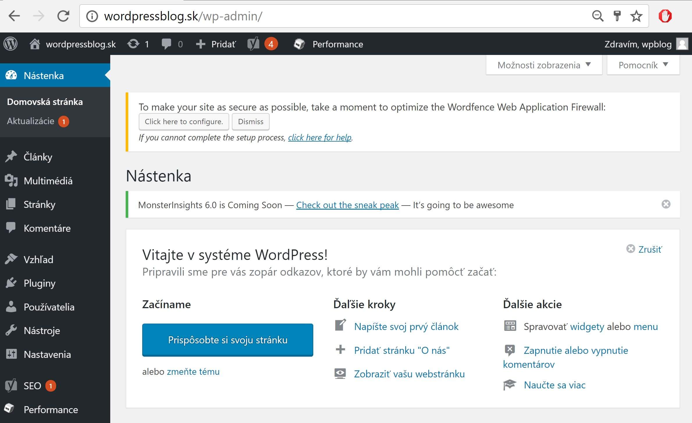 WordPress dashboard – older interface
