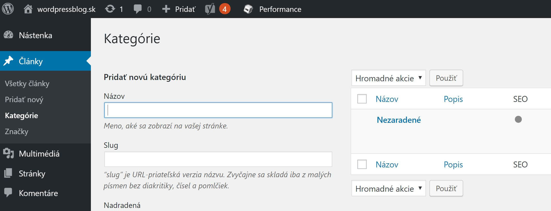 WordPress categories – older interface